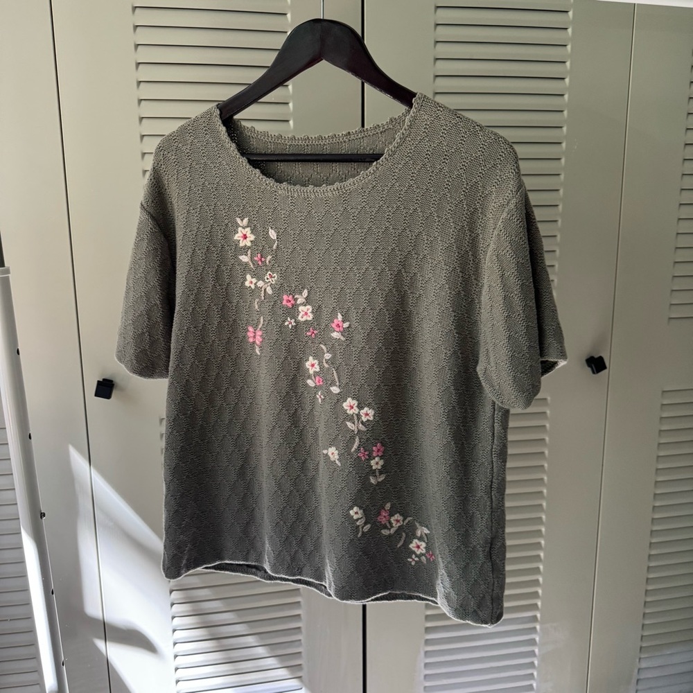 Northern Reflections Sage Green and Pink Floral Embroidered Tee